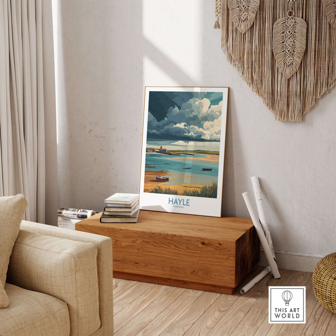 Hayle Cornwall stormy sky seascape poster displayed in a stylish interior, capturing the tranquil beauty of the coastline.