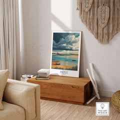 Hayle Cornwall Stormy Sky Seascape Poster - Cornish Travel Print displayed in a cozy living room setting.