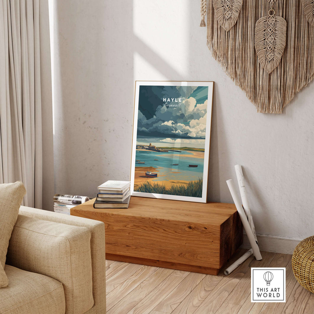 Hayle Boats in the Bay print showcasing coastal Cornwall art in a tranquil living room setting.