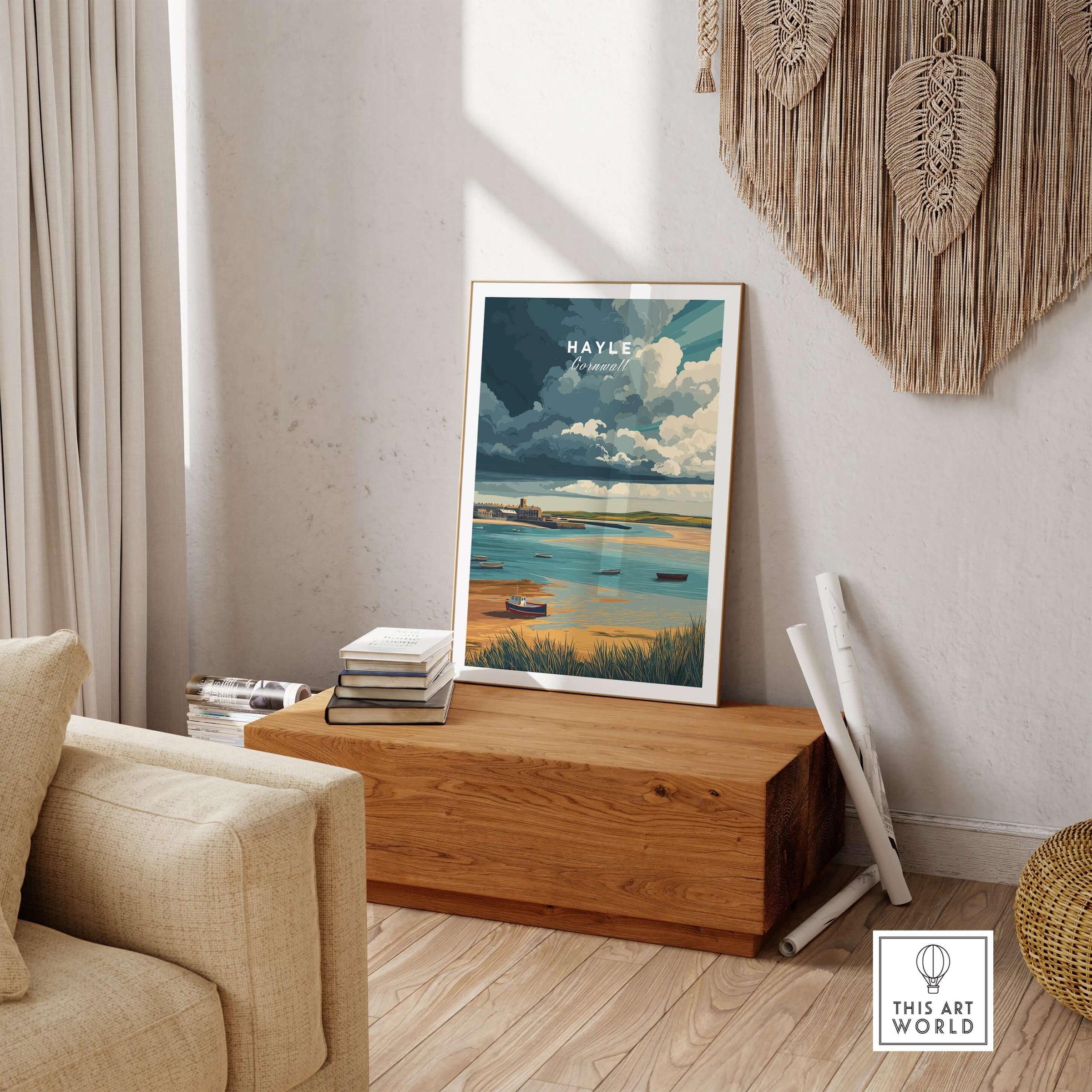 Hayle Boats in the Bay Print - Coastal Cornwall Wall Art displayed in a stylish interior setting.
