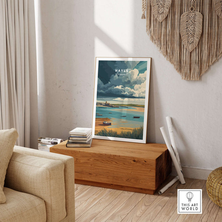 Hayle Boats in the Bay print showcasing coastal Cornwall art in a tranquil living room setting.