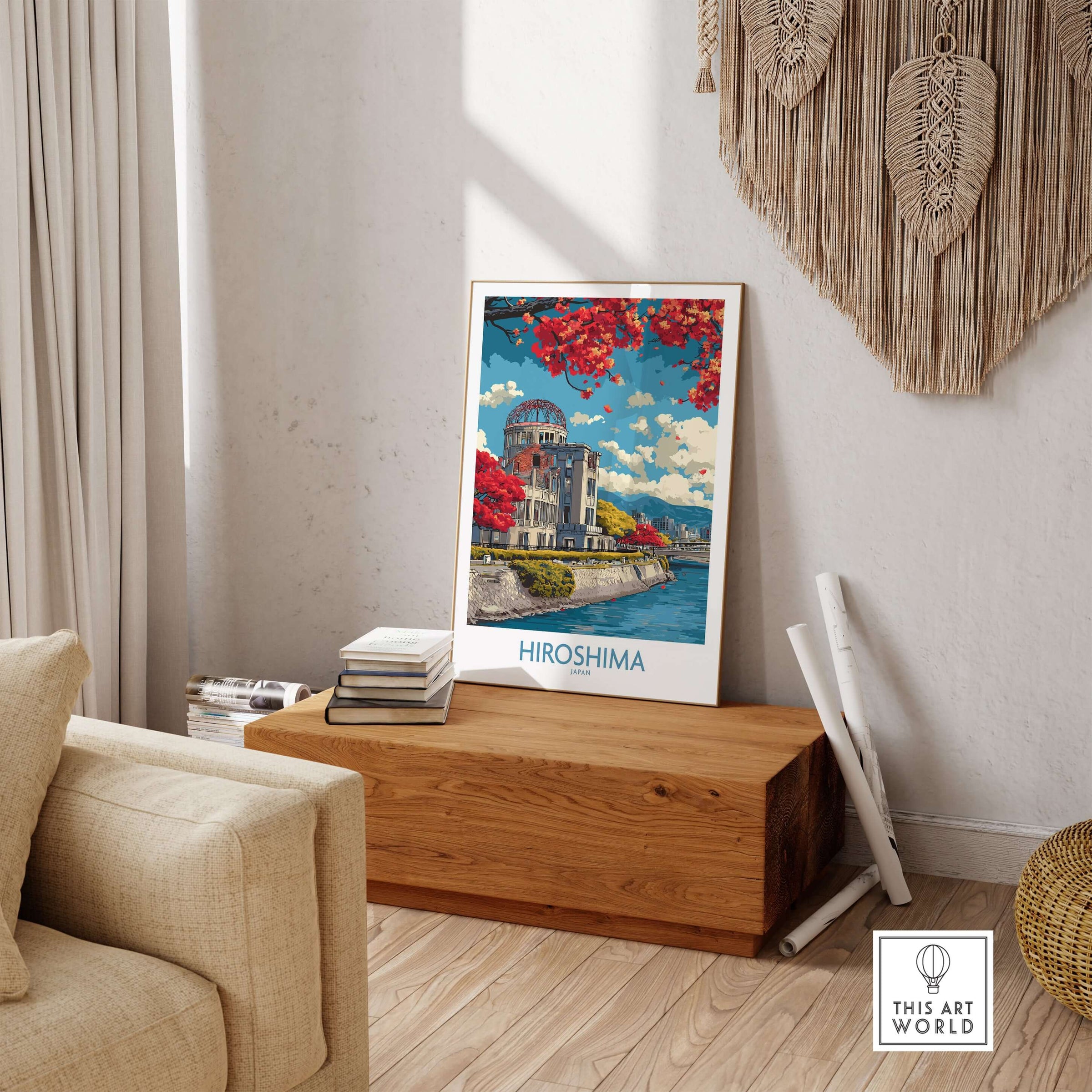 Hiroshima Japan Genbaku Dome Poster - Historic Landmark Decor displayed in a stylish living room setting.