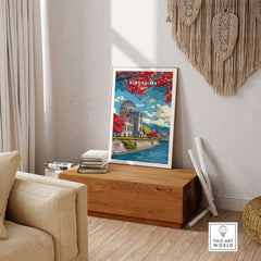 Hiroshima Japan Print Wall Art featuring iconic landmarks and vibrant colors displayed in a cozy living room.