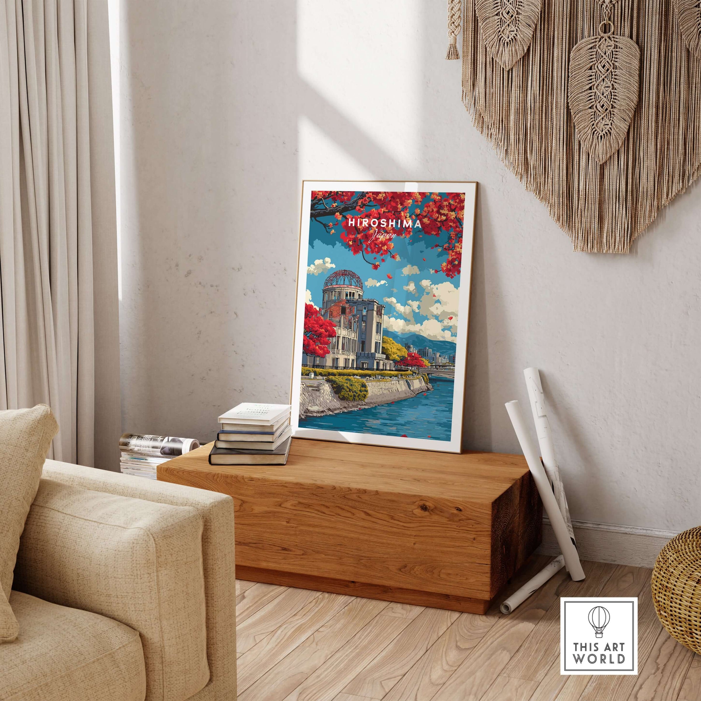 Hiroshima Japan Print Wall Art featuring iconic landmarks and vibrant colors displayed in a cozy living room.