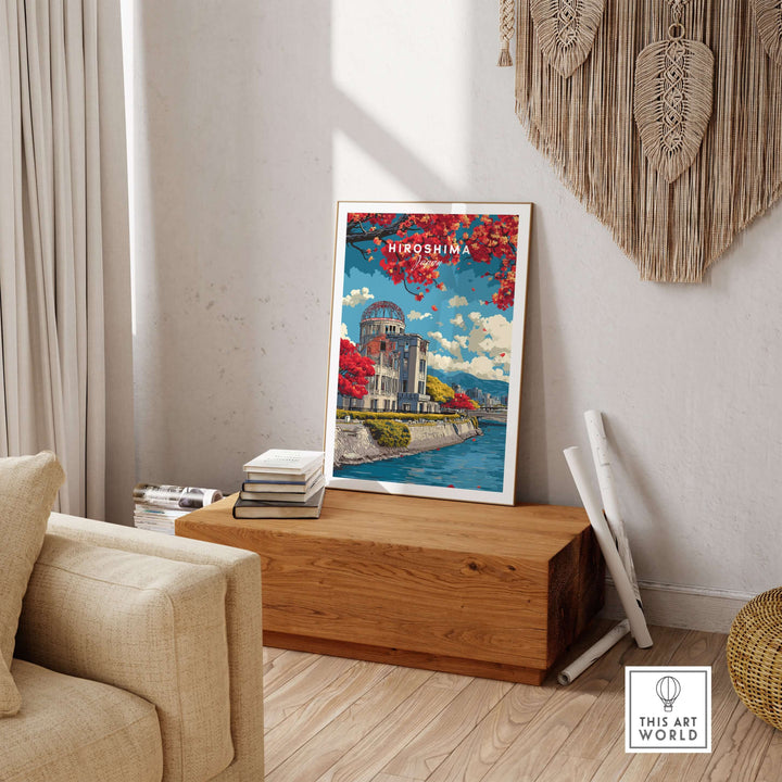 Hiroshima Japan print wall art featuring iconic landmarks and vibrant colors in a stylish living room setting.
