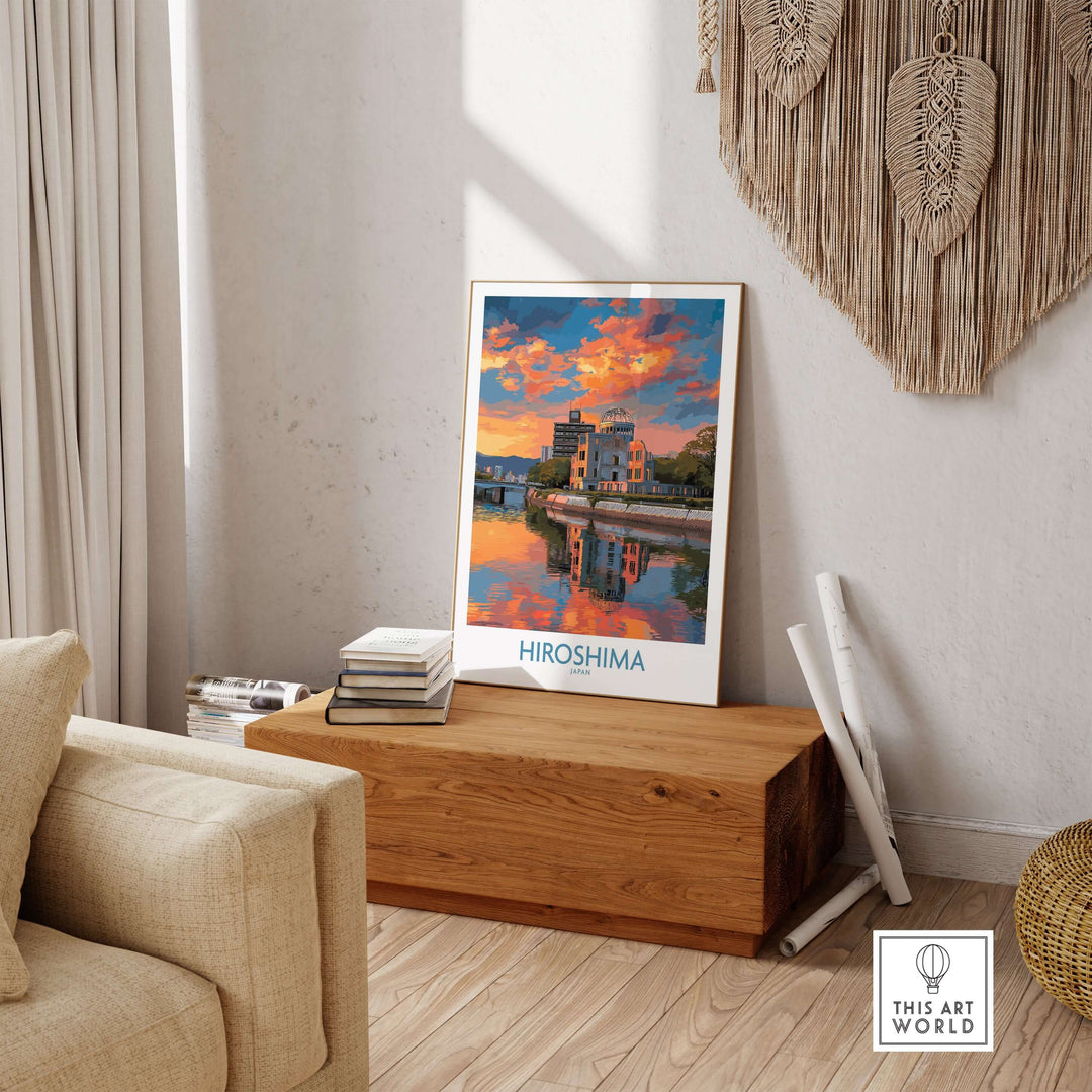 Hiroshima cityscape art print at sunset, reflecting resilience and beauty in home decor.
