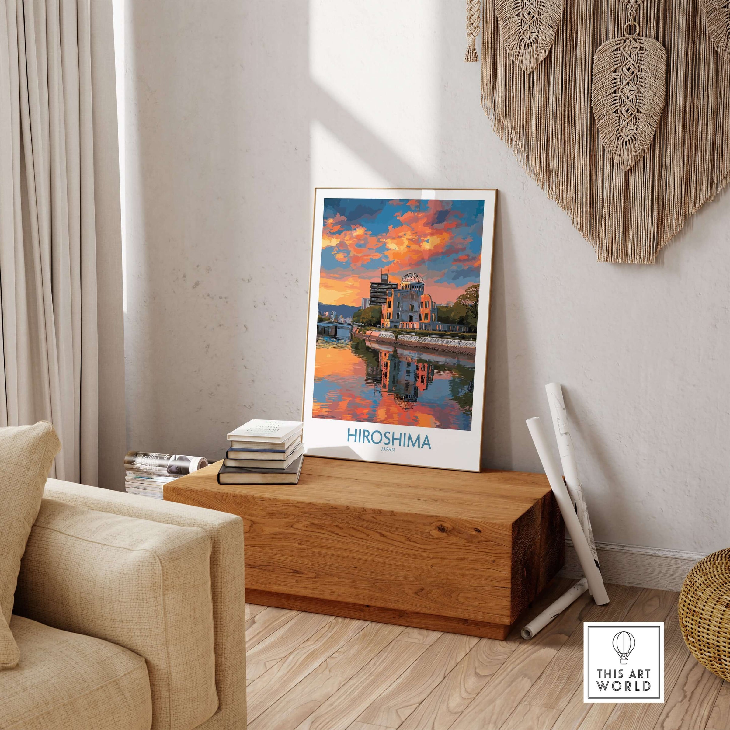 Hiroshima Japan Print - Symbolic Cityscape Decor displayed in a cozy living room setting with warm sunset colors.