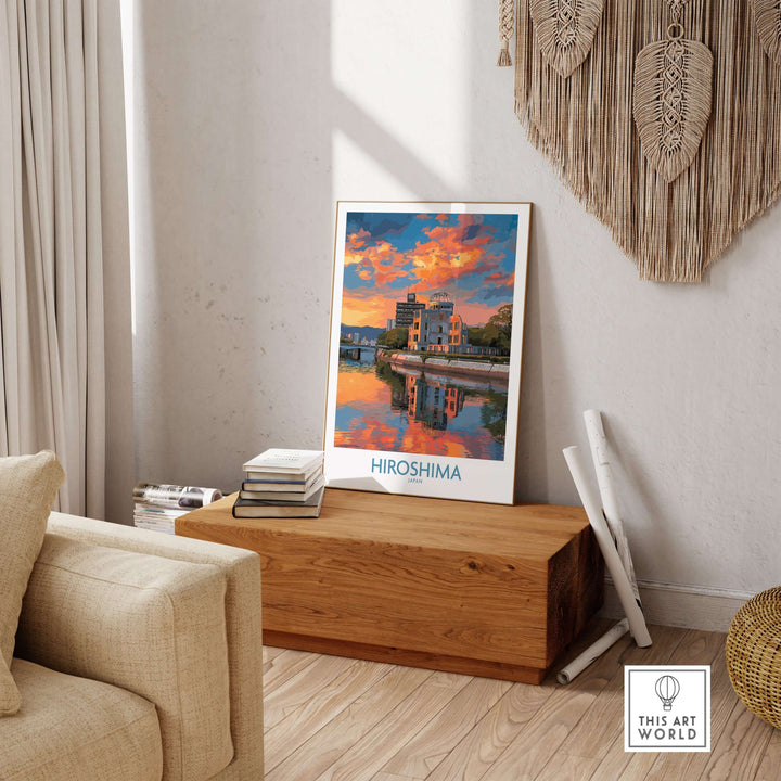 Hiroshima cityscape art print at sunset, reflecting resilience and beauty in home decor.