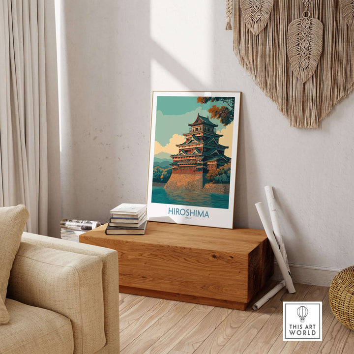 Hiroshima Japan wall art showcasing traditional landmark decor in a stylish living room setting.