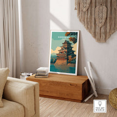 Hiroshima Print Japan - Historic Japanese Architecture Poster displayed in a cozy living room setting.
