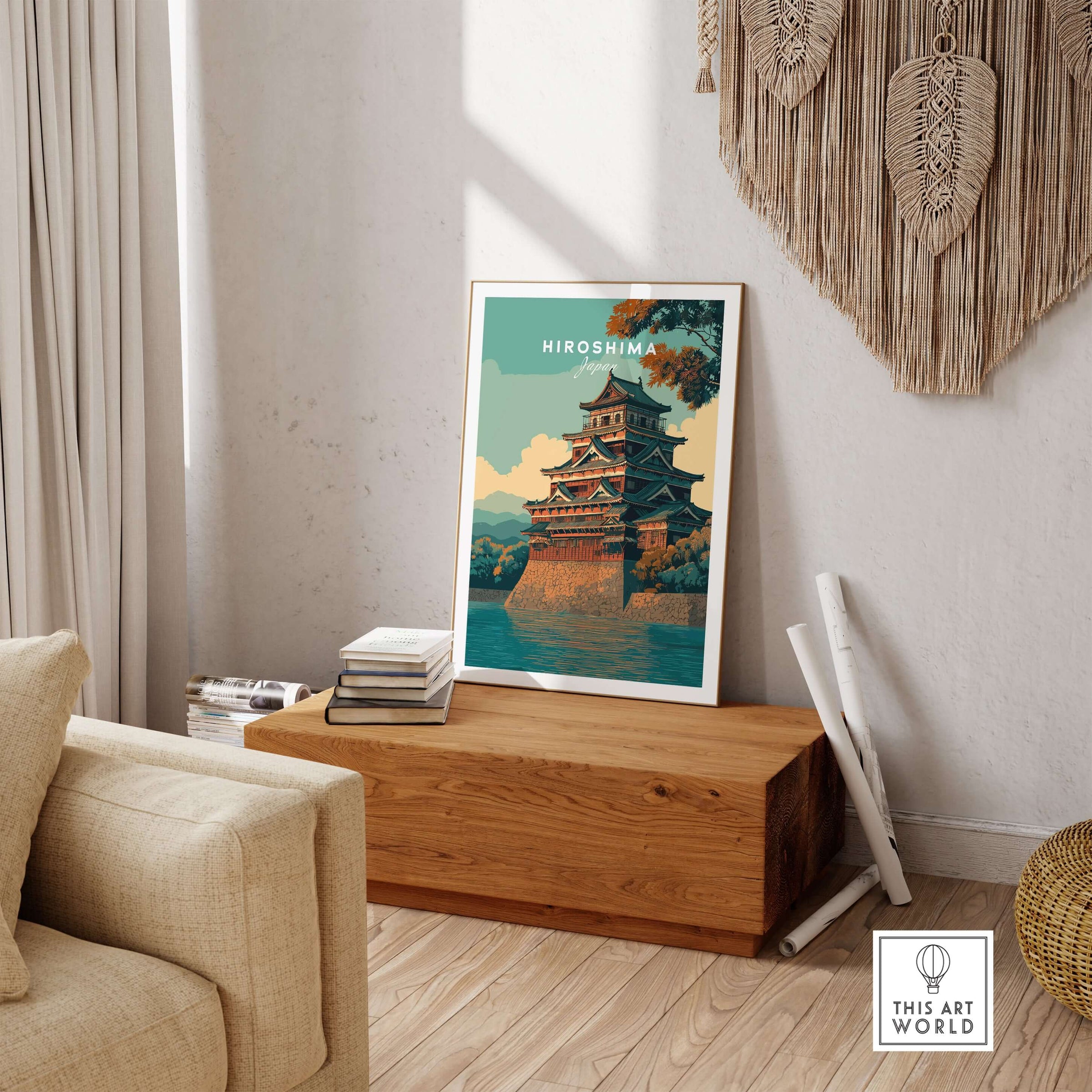 Hiroshima Print Japan - Historic Japanese Architecture Poster displayed in a cozy living room setting.