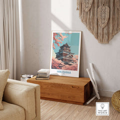 Hiroshima Wall Art Print Japan Cherry Blossom Poster featuring cherry blossoms and traditional architecture.