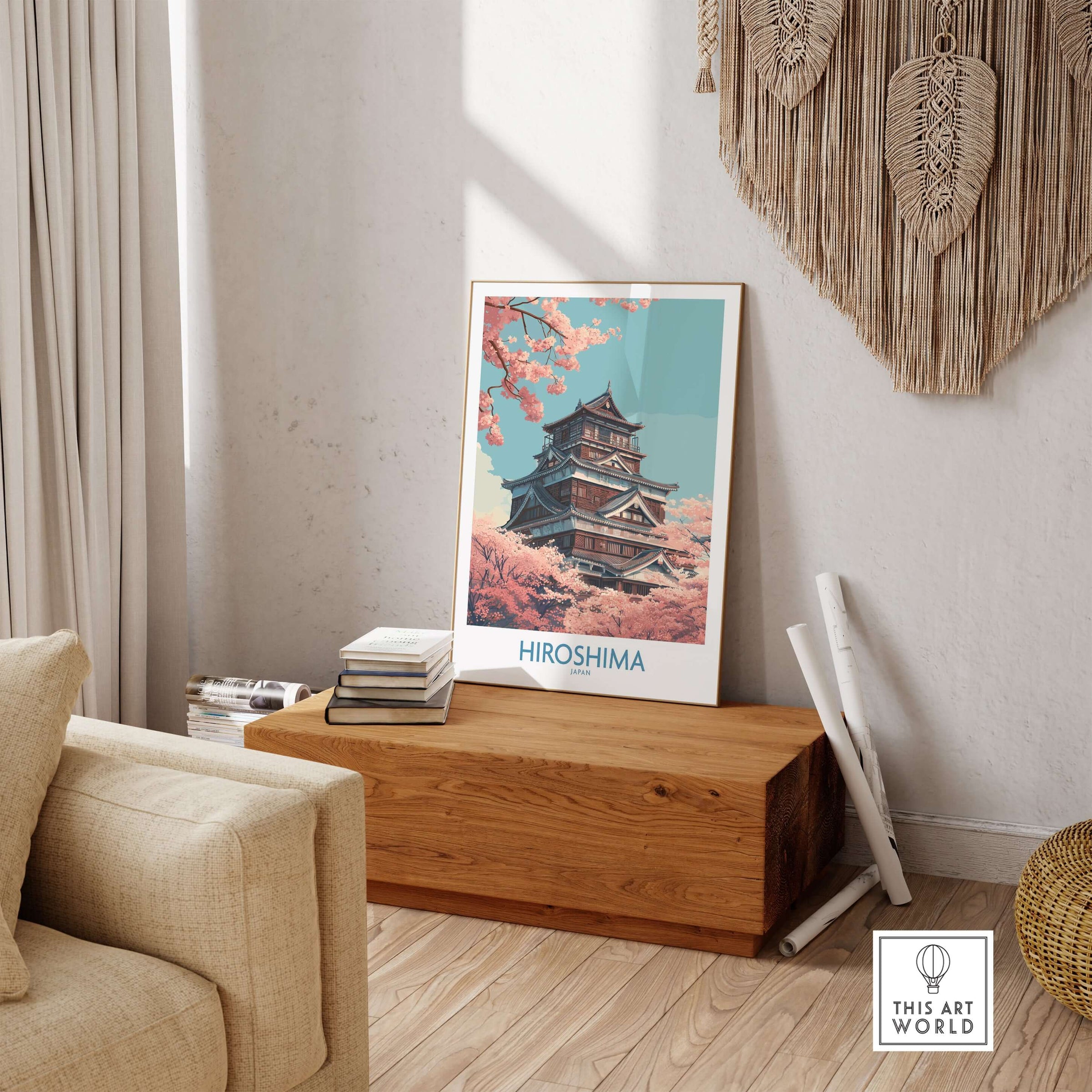 Hiroshima Wall Art Print Japan Cherry Blossom Poster featuring cherry blossoms and traditional architecture.