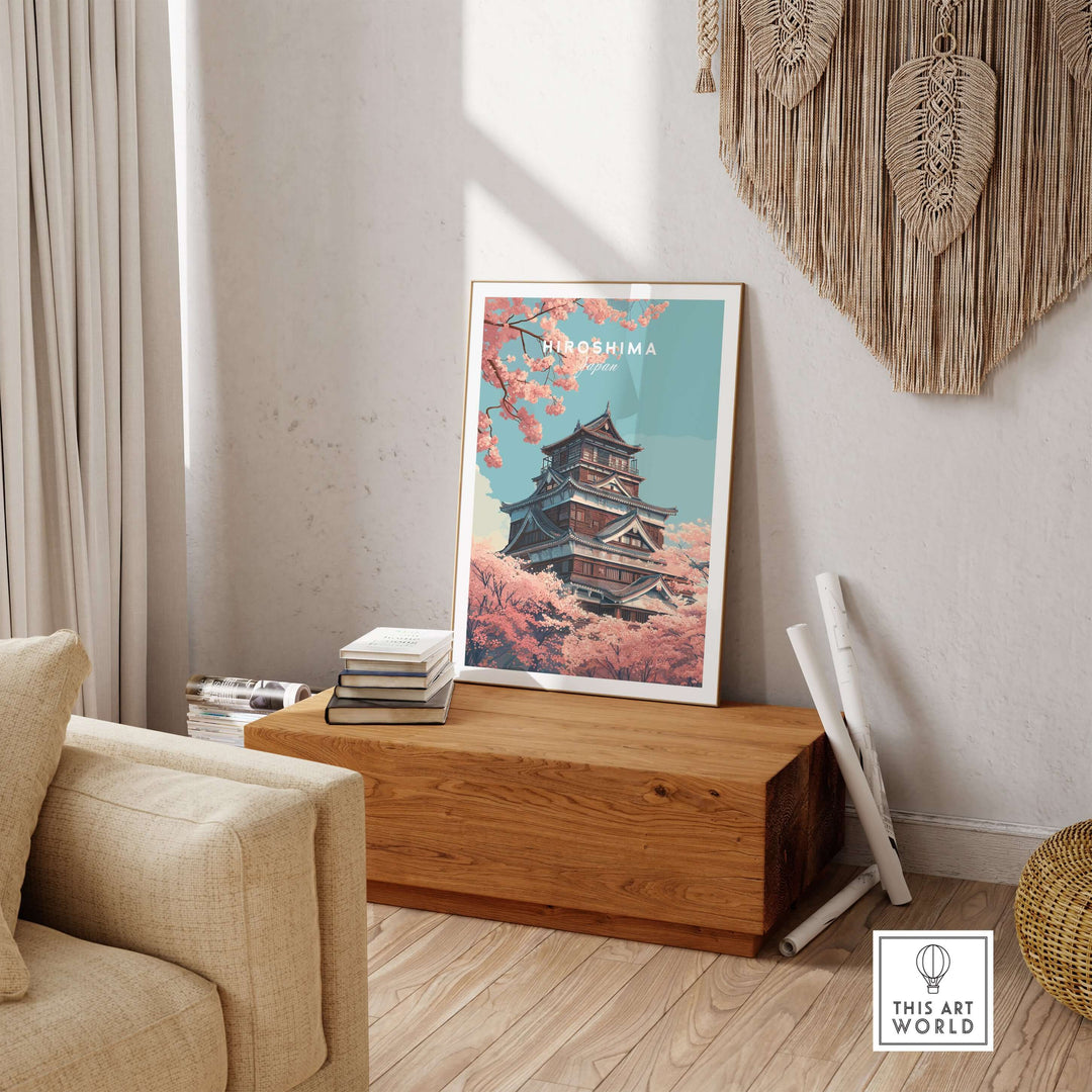 Hiroshima poster featuring cherry blossoms and traditional Japanese architecture, perfect for spring decor.