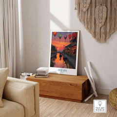 Hoi An Wall Art Vietnam - River Boats Poster displayed in a cozy living room setting with warm lighting.