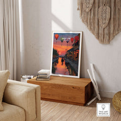 Hoi An Poster Vietnam Lantern Festival Sunset Print - Old Town Wall Art displayed in a cozy living room setting.