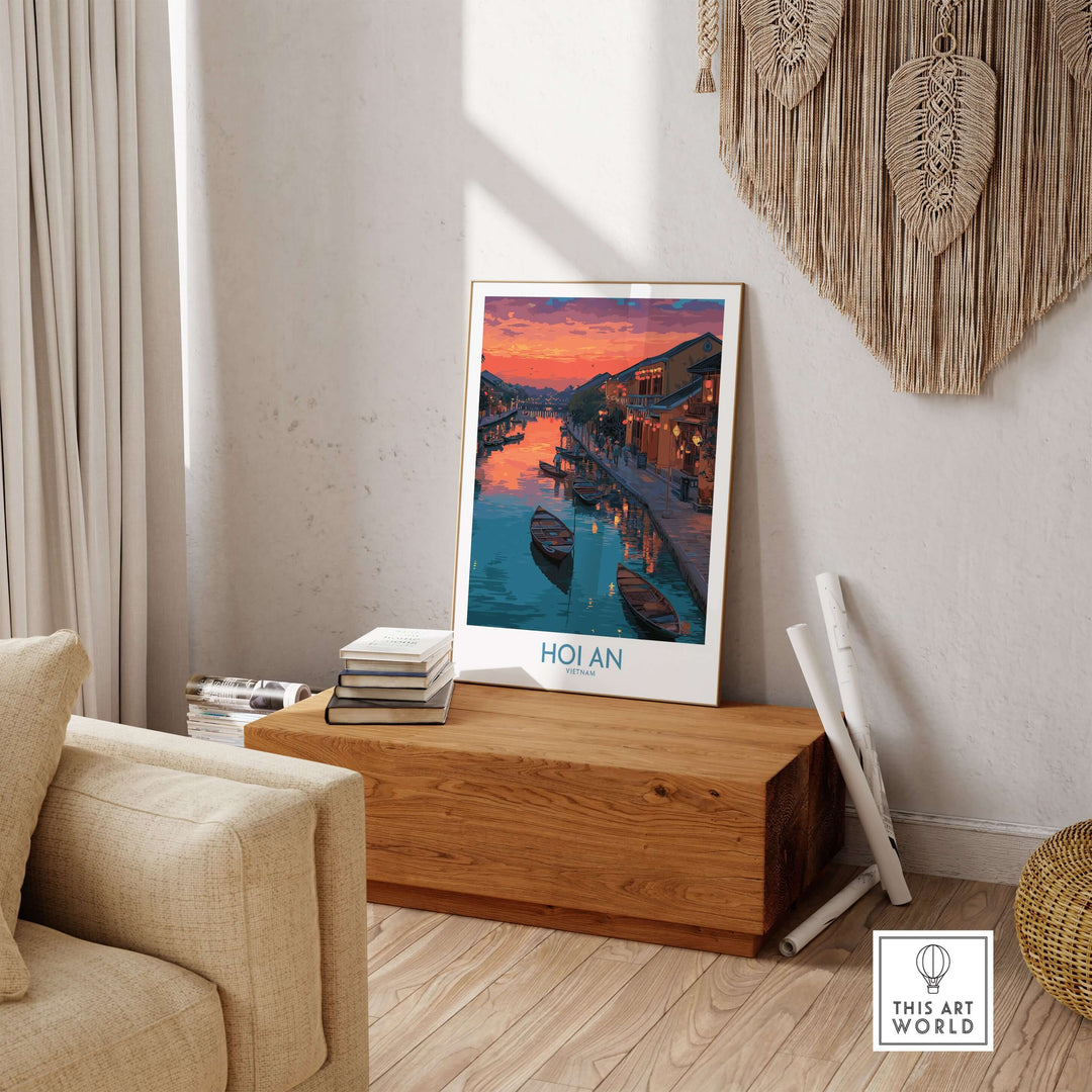 Hoi An Print Vietnam Colorful Lantern Poster displayed in a cozy living room, capturing vibrant lanterns and a sunset backdrop.