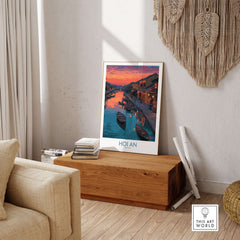 Hoi An Print Vietnam Colorful Lantern Poster showcasing vibrant lanterns and scenic sunset in a stylish living room setting.