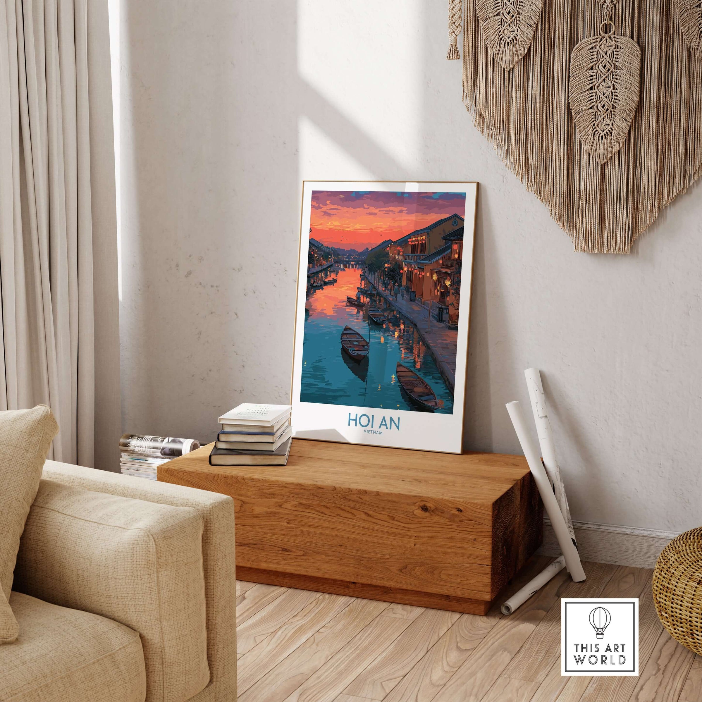 Hoi An Print Vietnam Colorful Lantern Poster showcasing vibrant lanterns and scenic sunset in a stylish living room setting.