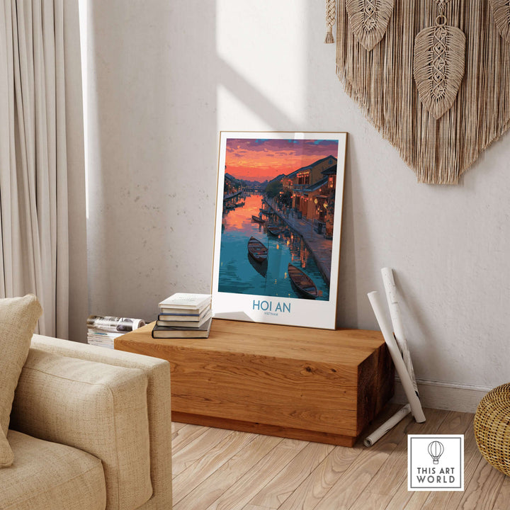 Hoi An Print Vietnam Colorful Lantern Poster displayed in a cozy living room, capturing vibrant lanterns and a sunset backdrop.