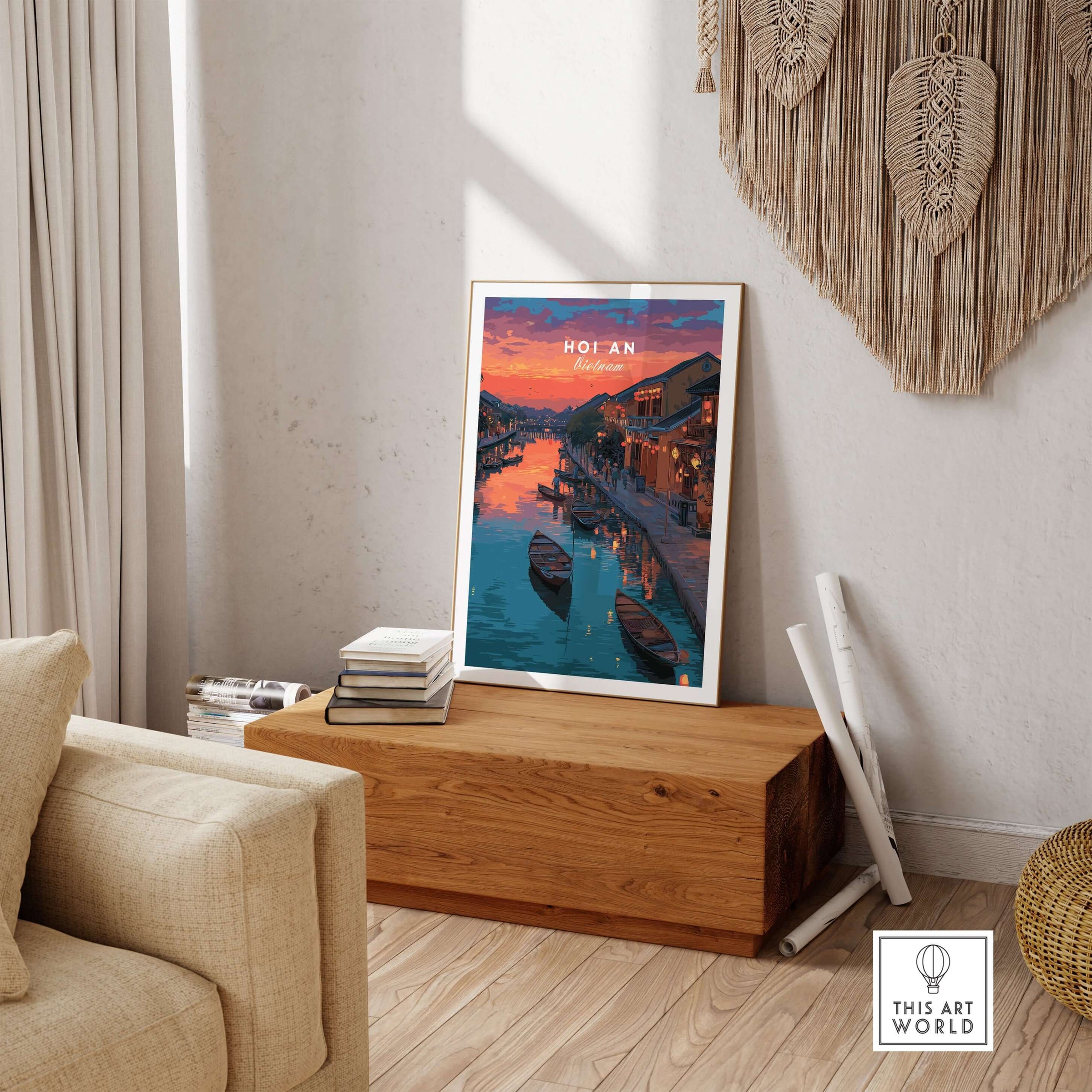 Hoi An Vietnam Poster - Ancient Town Wall Art displayed in a cozy living room with warm lighting.