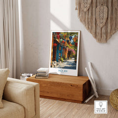 Hoi An Vietnam Wall Art Print featuring colorful lanterns and vibrant streets in a stylish home decor setting.