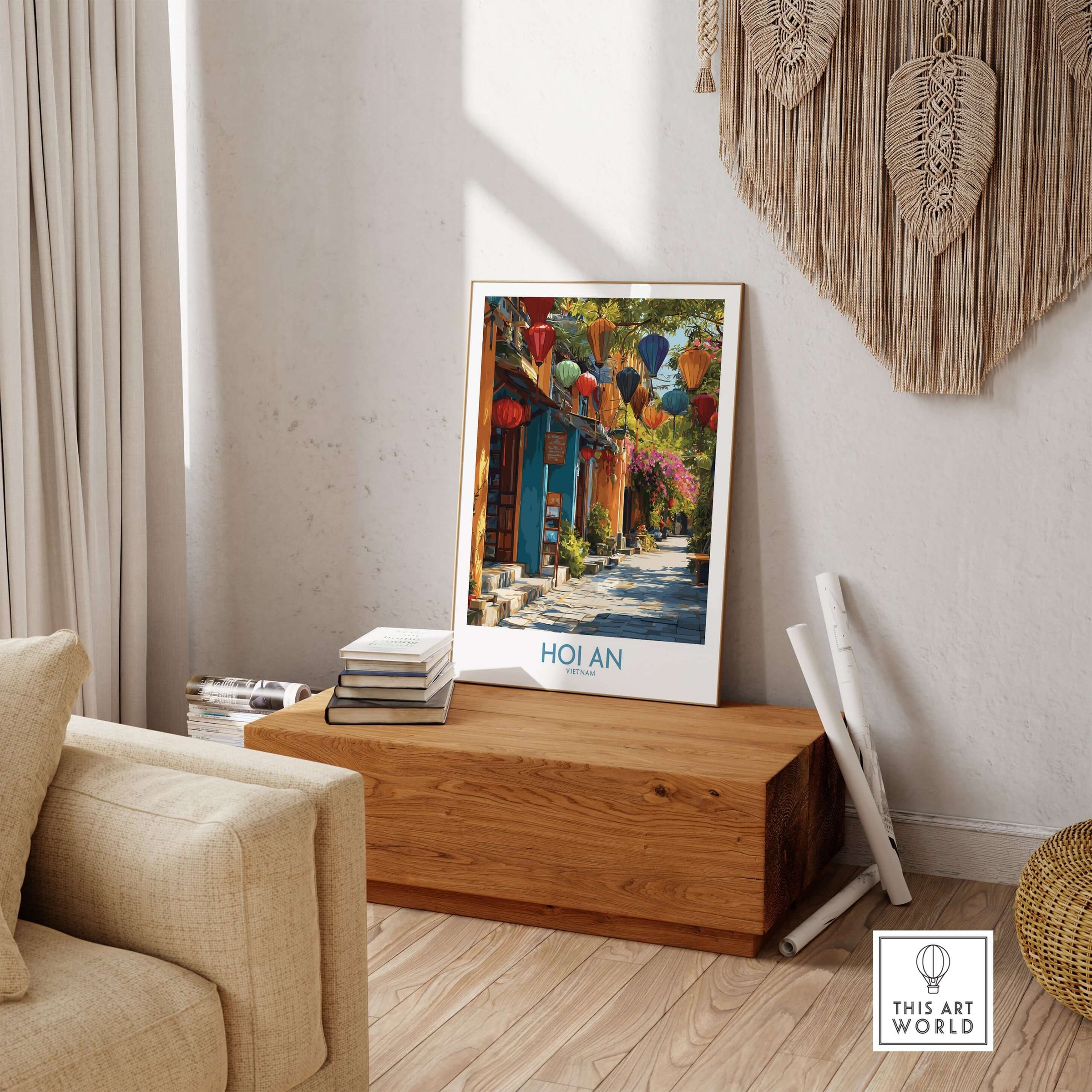 Hoi An Vietnam Wall Art Print featuring colorful lanterns and vibrant streets in a stylish home decor setting.
