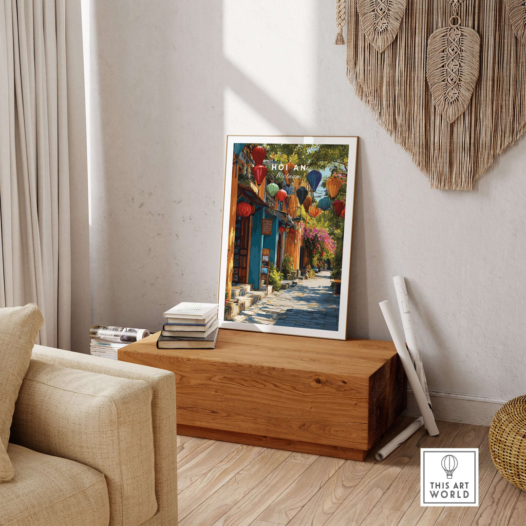 Hoi An Vietnam poster showcasing vibrant lanterns in the UNESCO Old Quarter, displayed in a stylish interior.