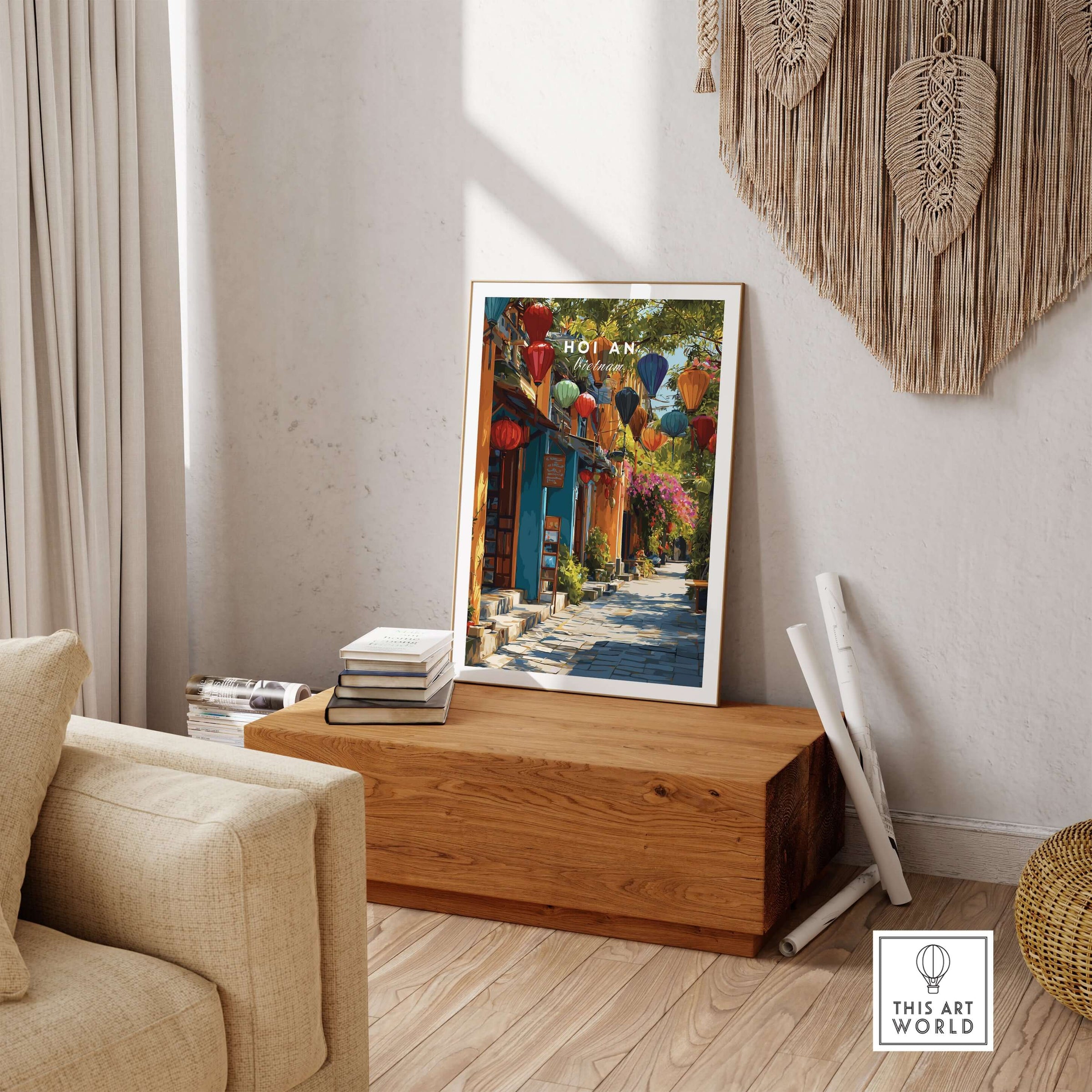 Hoi An Vietnam Poster -  Vibrant Lantern Alley Print - UNESCO Old Quarter displayed in a cozy living room setting.