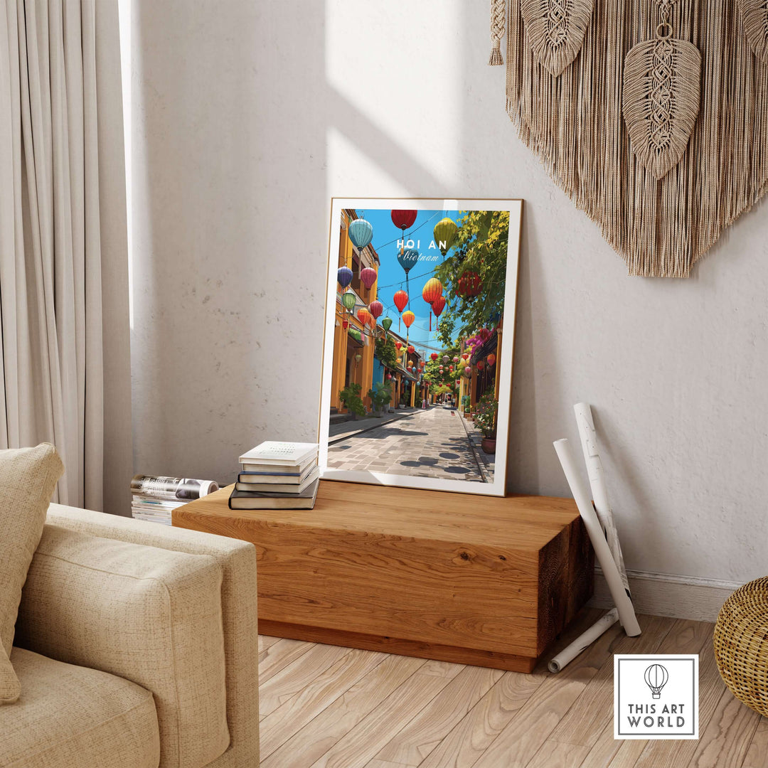 Vibrant Hoi An Vietnam lantern street poster displayed in a cozy hallway setting, adding cultural charm.