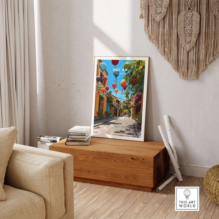 Vibrant Hoi An Vietnam lantern street poster displayed in a cozy hallway setting, adding cultural charm.