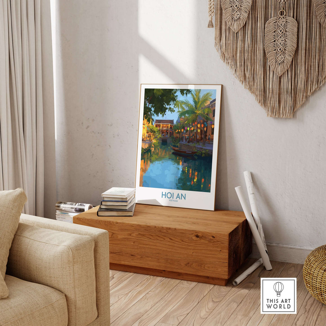 Hoi An Vietnam wall art showcasing a serene evening river scene with lush greenery and warm lights, perfect for home decor.