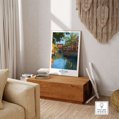 Hoi An Vietnam Wall Art - Vietnamese Evening Scene displayed in a cozy living room setting.