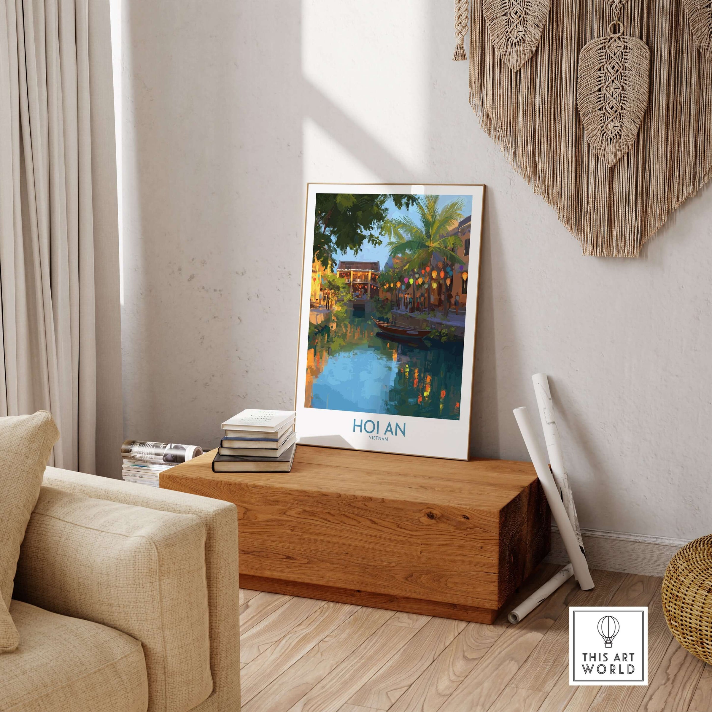 Hoi An Vietnam Wall Art - Vietnamese Evening Scene displayed in a cozy living room setting.