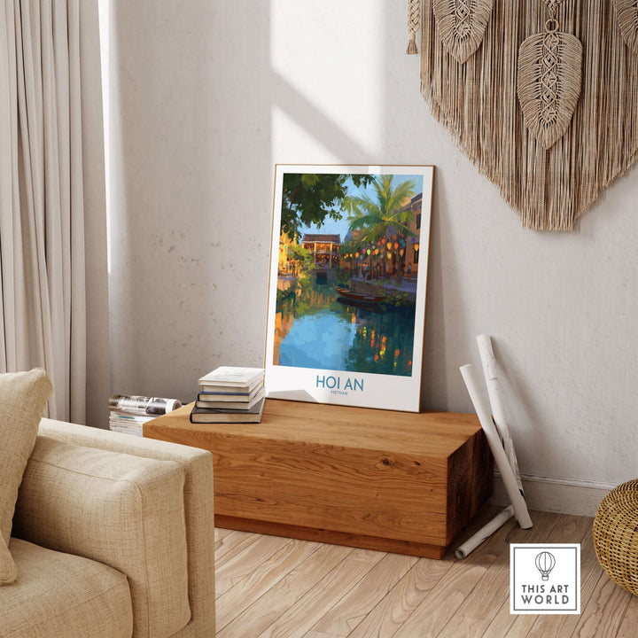 Hoi An Vietnam wall art showcasing a serene evening river scene with lush greenery and warm lights, perfect for home decor.