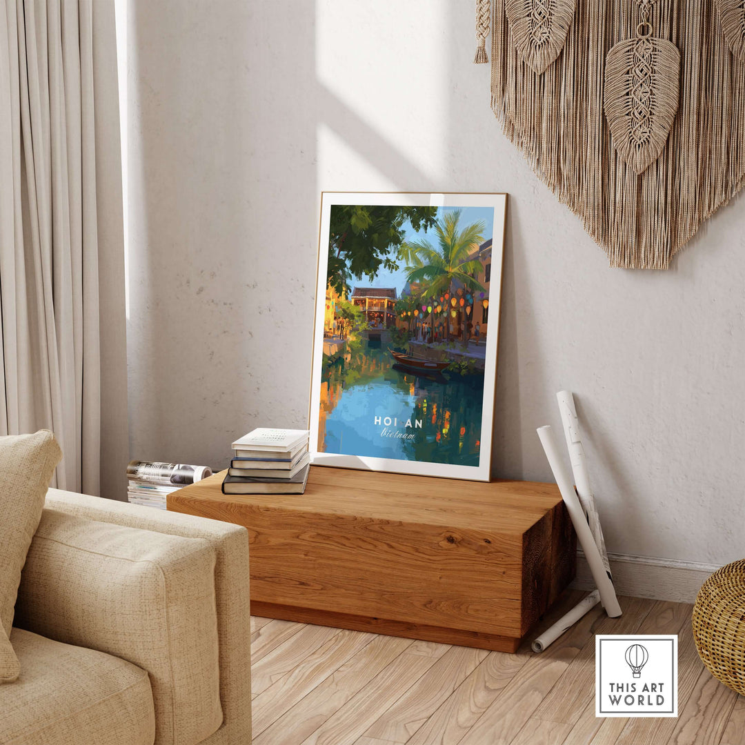 Hoi An Vietnam night print featuring traditional lanterns and serene waters in a cozy living room setting.