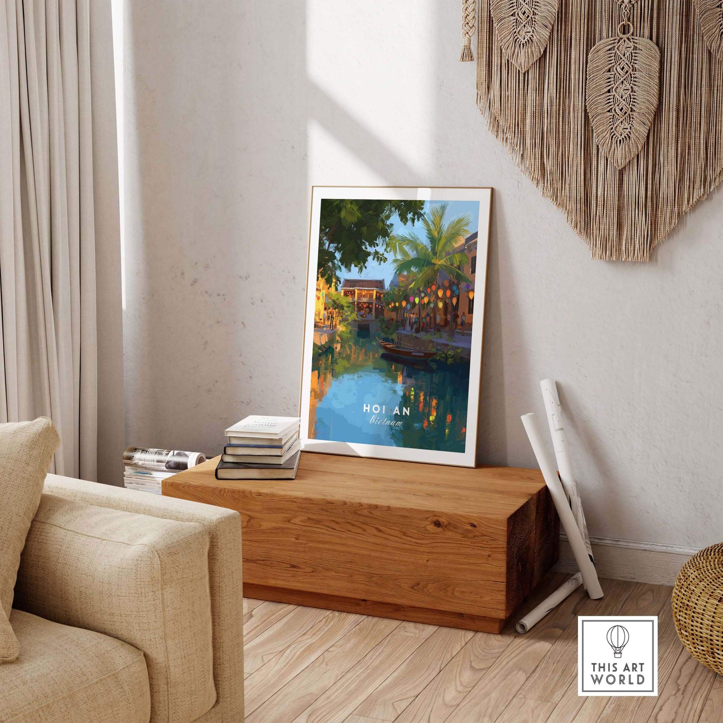 Hoi An Vietnam Night Print - Old Town Lanterns Poster displayed in a cozy living room setting.