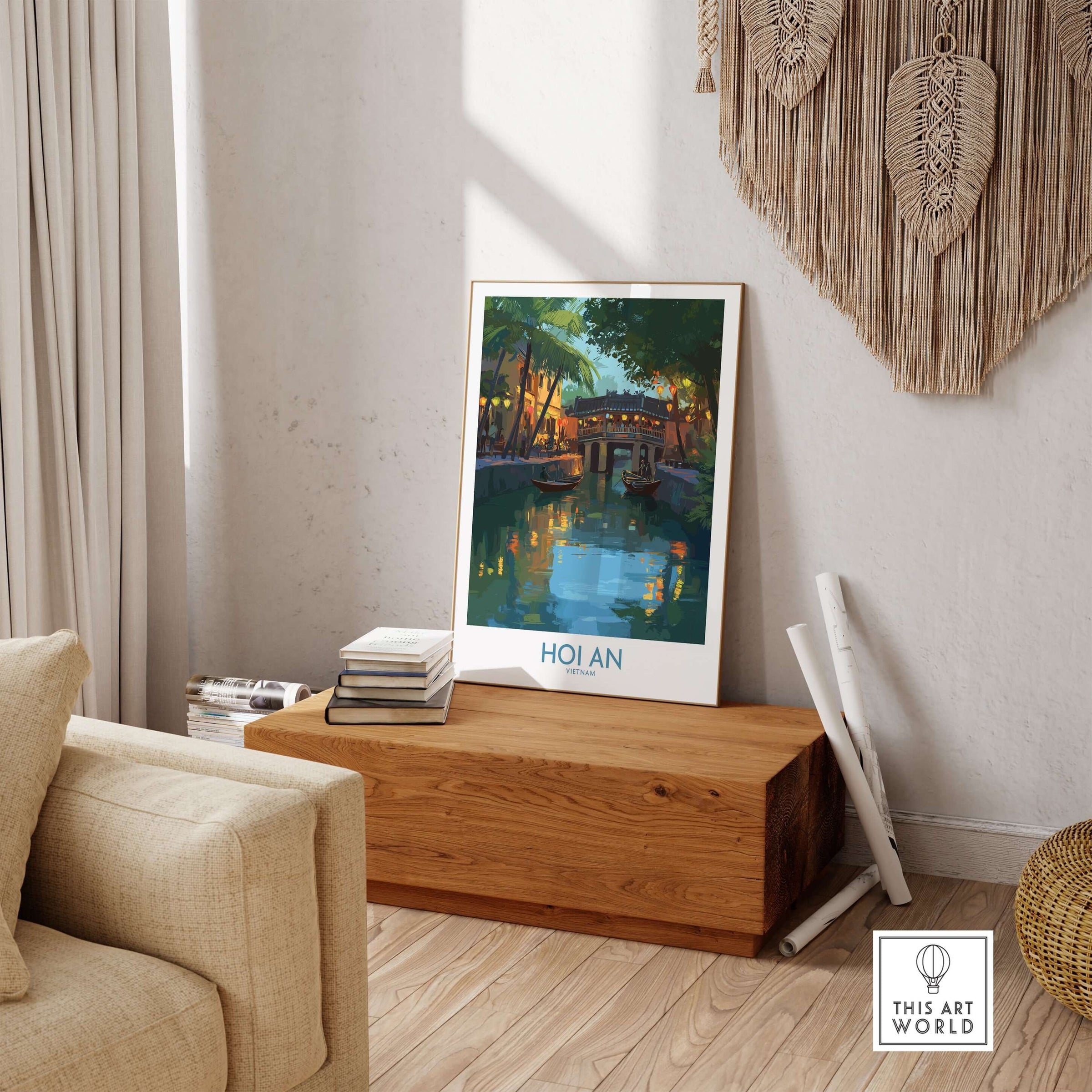 Hoi An Vietnam River Scene Wall Art - Vietnamese Heritage Decor displayed in a stylish home interior.