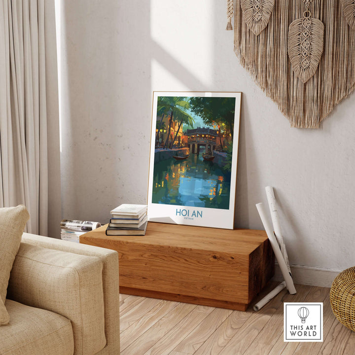 Hoi An Vietnam River Scene Wall Art displayed in a cozy living room setting with warm lighting.