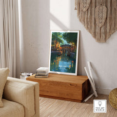 Hoi An Vietnam Poster - Iconic Landmark Print displayed in a stylish interior setting on a wooden table.