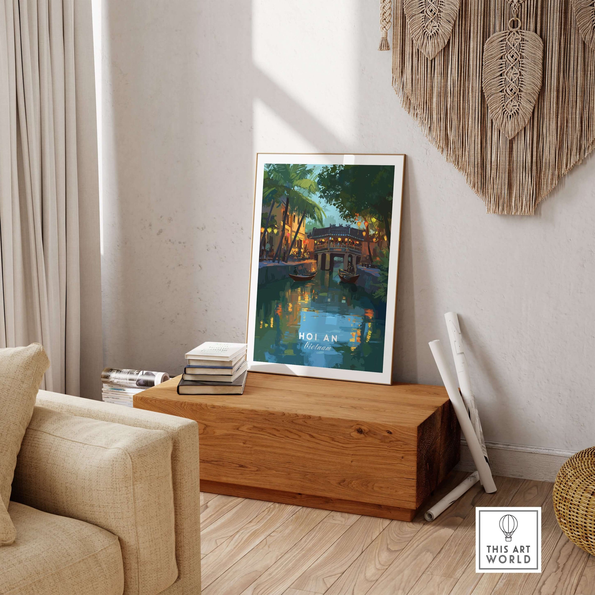 Hoi An Vietnam Poster - Iconic Landmark Print displayed in a stylish interior setting on a wooden table.