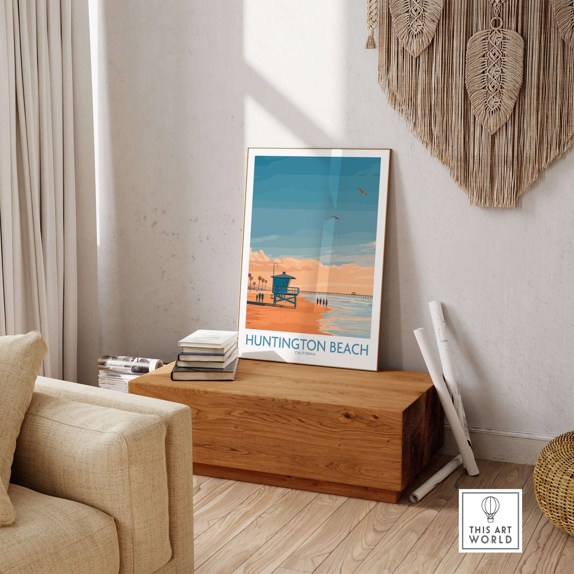 Huntington Beach Surfing Beach Poster - California Travel Decor displayed in a modern living room with natural decor.
