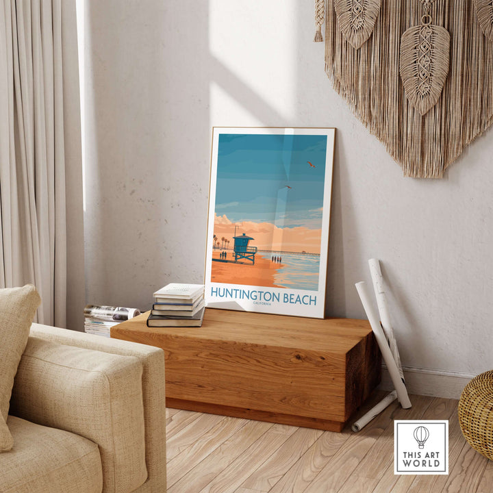 Huntington Beach Surfing Beach Poster displayed in a stylish living room, capturing California's surf culture.