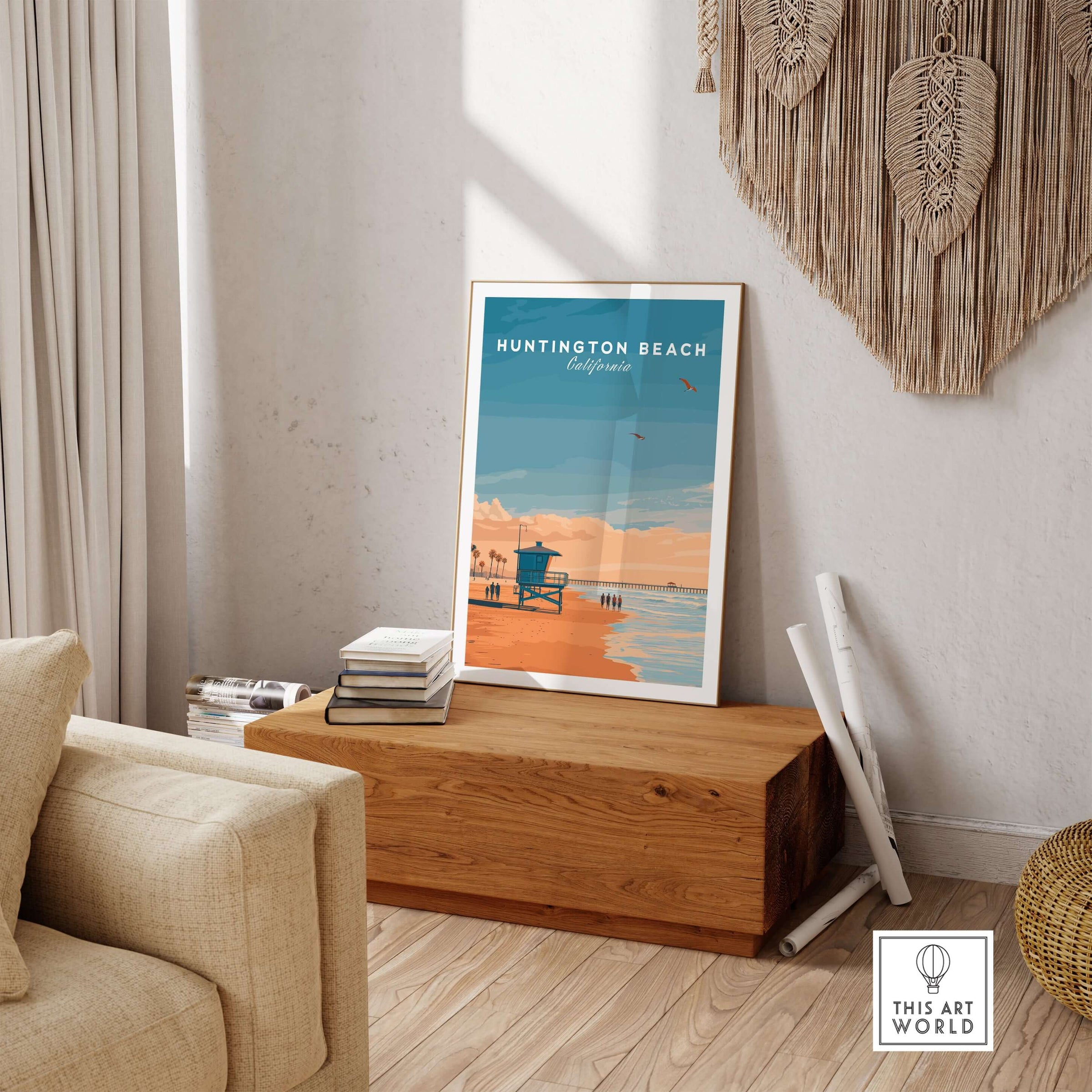 Huntington Beach Lifeguard Tower Print - California Sunset Wall Art displayed in a cozy living room setting.