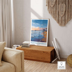 Huntington City Beach Orange County Poster - Surfing City Wall Art in a stylish living room decor setting.