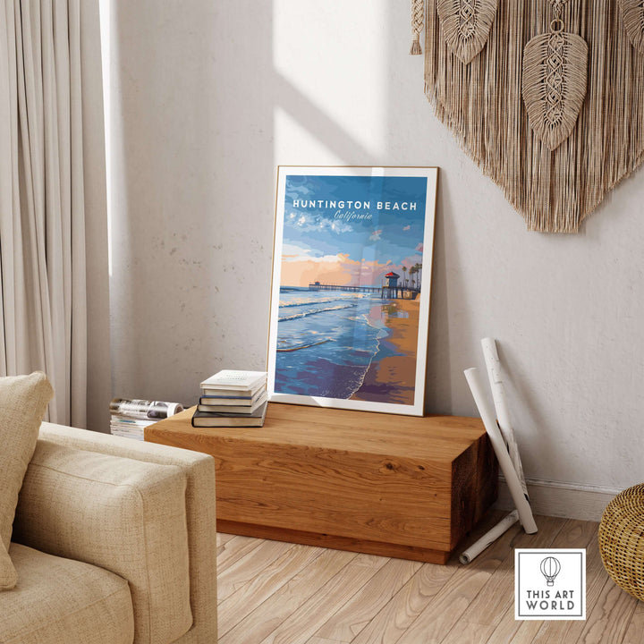 Huntington Beach Pier at sunset poster displayed in a stylish room with cozy decor and natural light.