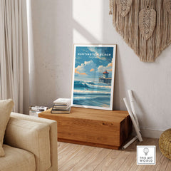 Huntington Beach Surfers Catching Waves Print - California Surfing Wall Art displayed in a stylish coastal living room.