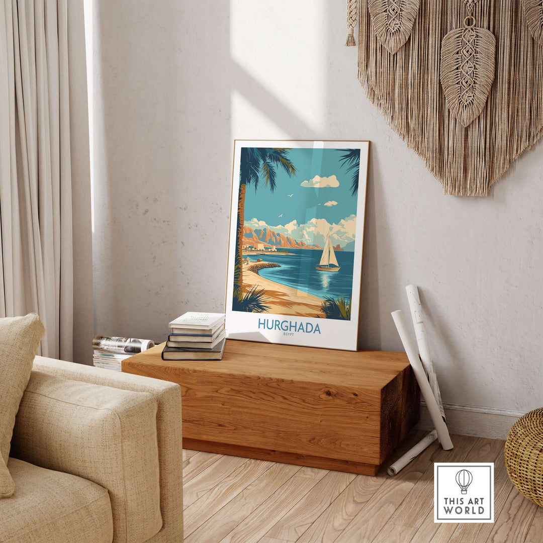 Hurghada Egypt poster showcasing coastal beauty with a sailboat, perfect for Egyptian decor enthusiasts.