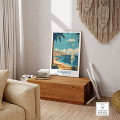 Hurghada Egypt Poster - Egyptian Coastal Decor displayed in a stylish living room with a wooden coffee table.
