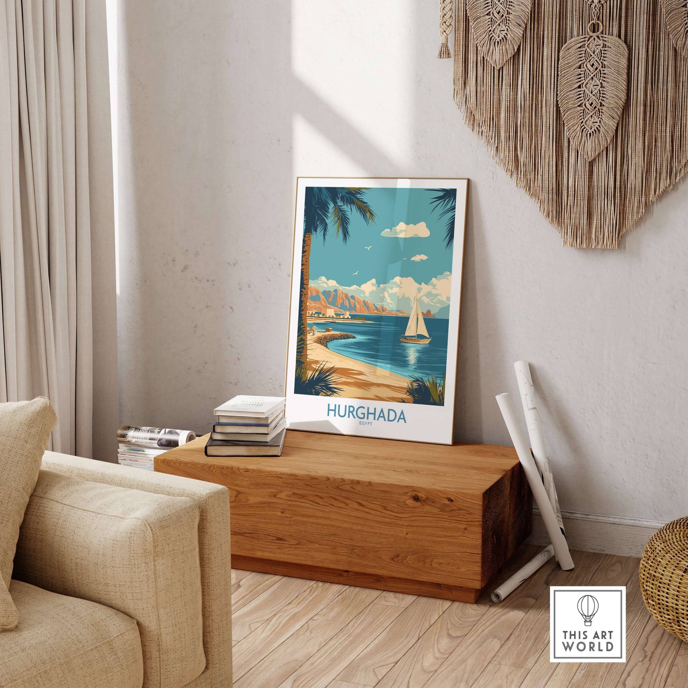 Hurghada Egypt Poster - Egyptian Coastal Decor displayed in a stylish living room with a wooden coffee table.